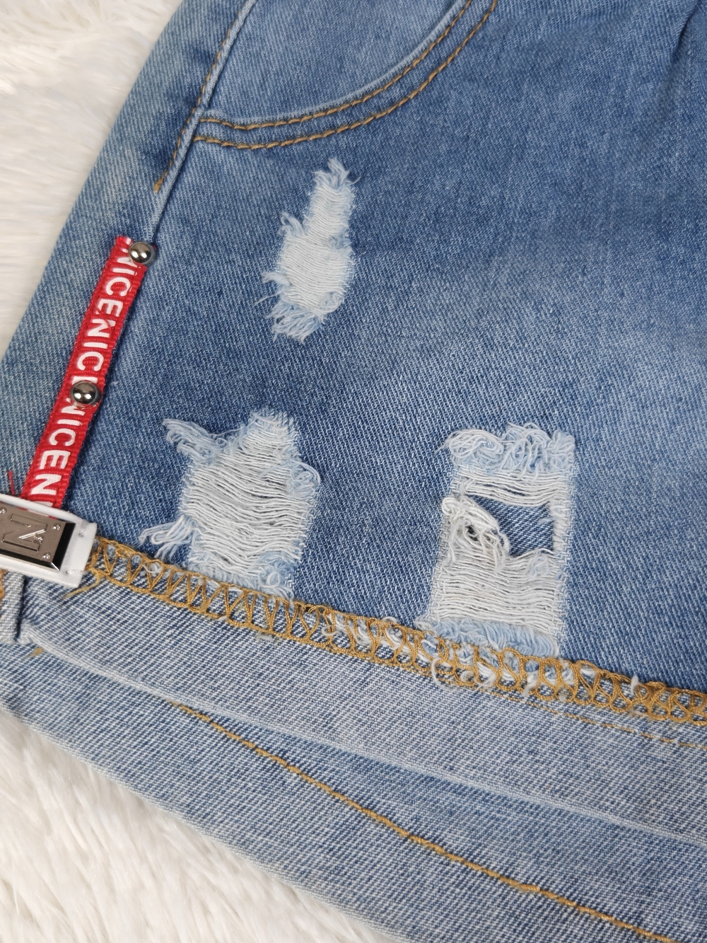 Casual Women's Blue Denim Drawstring Shorts - Picture 2 of 3